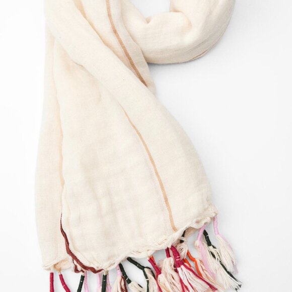 ZARA Women's Striped Fringed Linen Scarf(Ecru, Size:M) - Picture 7 of 8